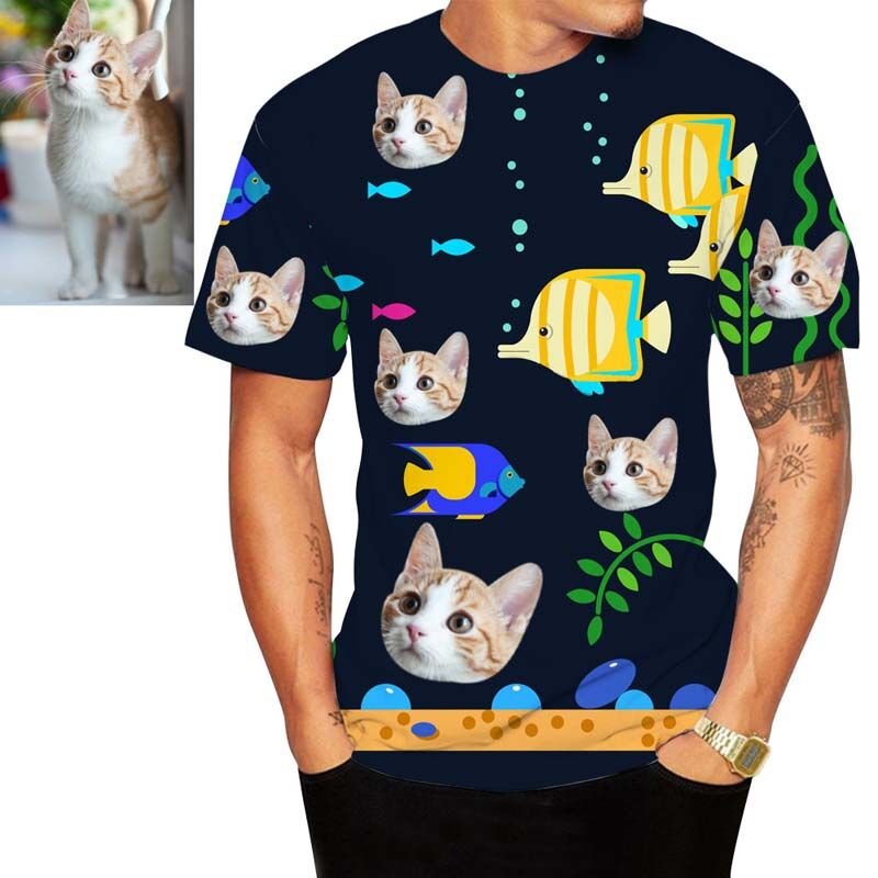 Custom Face Men's Hawaiian T-Shirt With Cat & Fish
