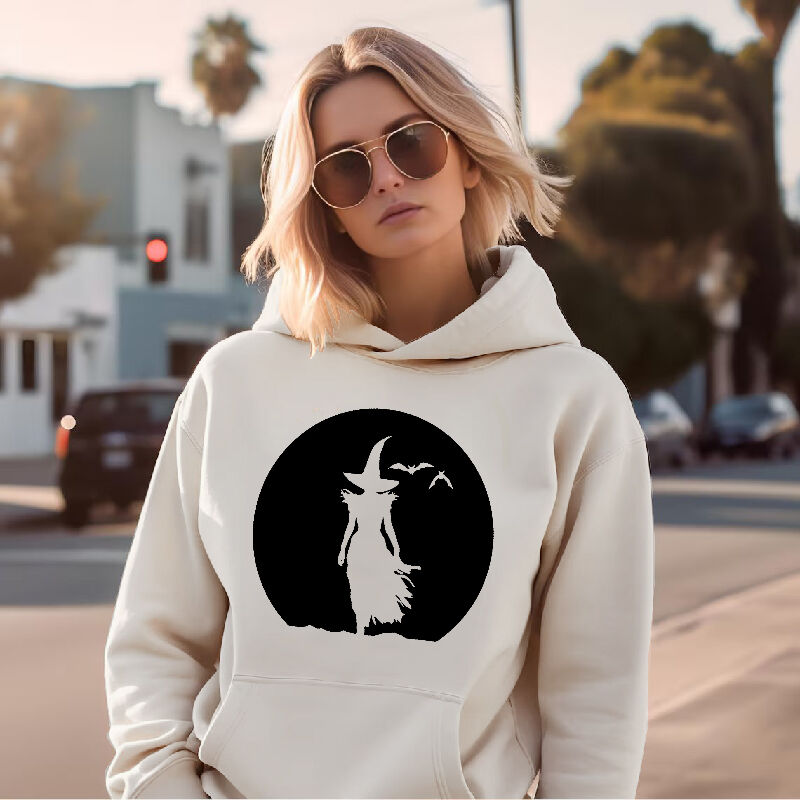 Artistic Hoodie with Witch Pattern On Moonlit Night Bold Design Gift for Women