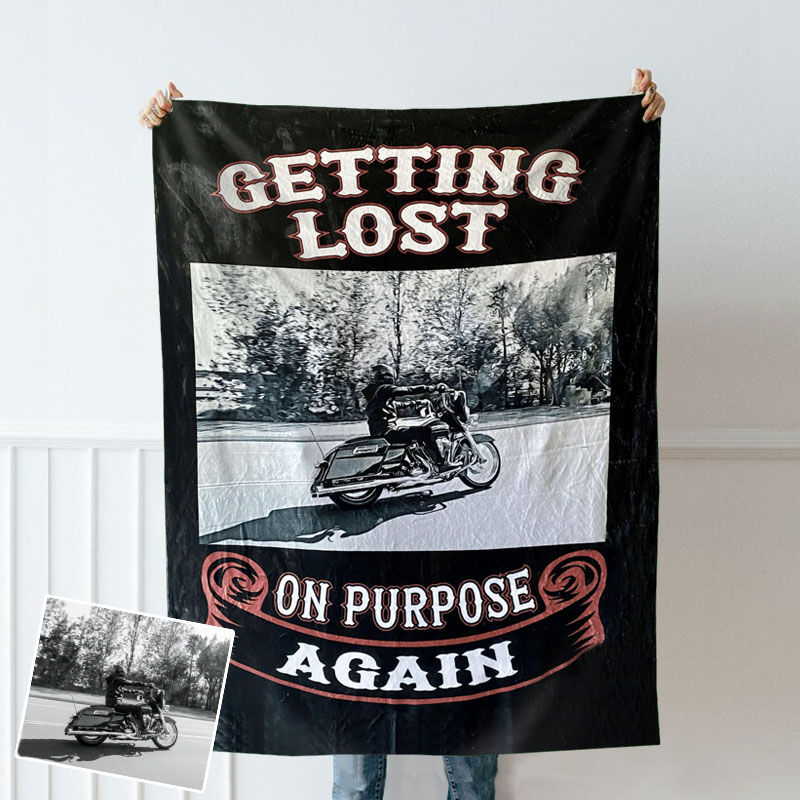 Personalized Picture Motorcycle Blanket Retro Design Style Gift for Friends "Getting Lost"