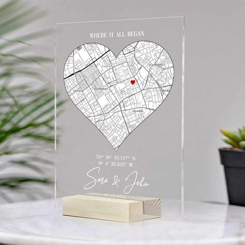 Personalized Acrylic Plaque Where It All Began with Custom Special Day Heart Map Design Unique Gift for Lover's Anniversary