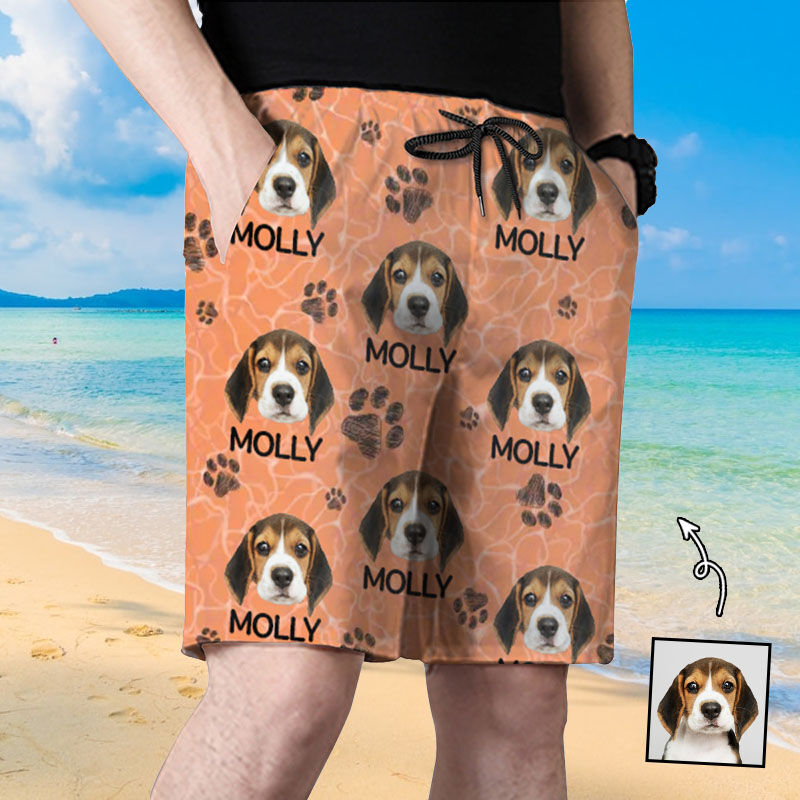 Personalized Picture Men's Beach Shorts with Paw Print Pattern Cute Gift for Pet Lovers