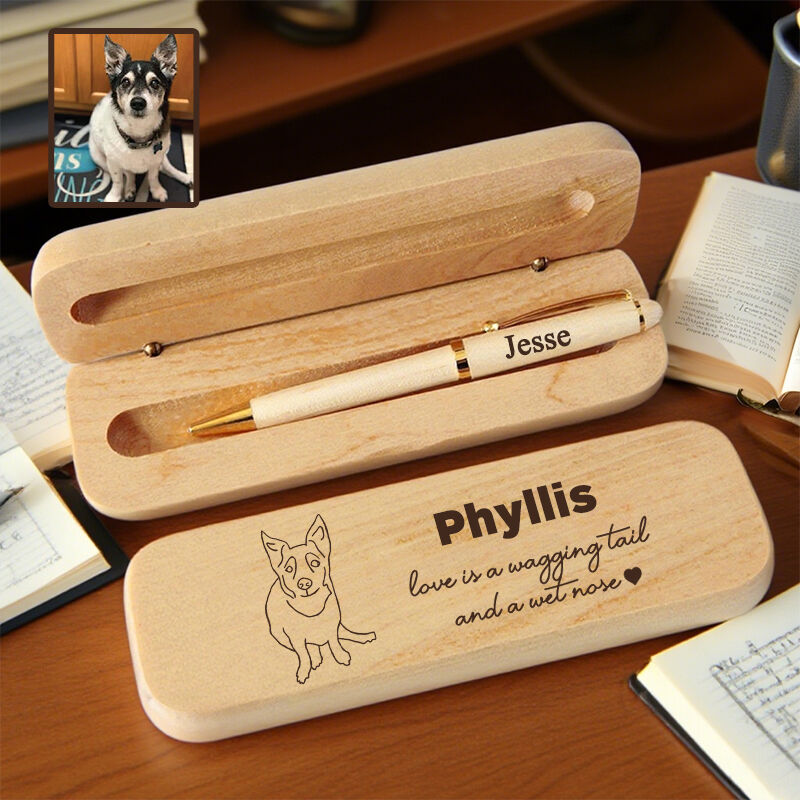 Gepersonaliseerde houten pennenhouder met gepersonaliseerde boodschap Foto van huisdier Lijntekeningontwerp Perfect cadeau voor dierenliefhebbers