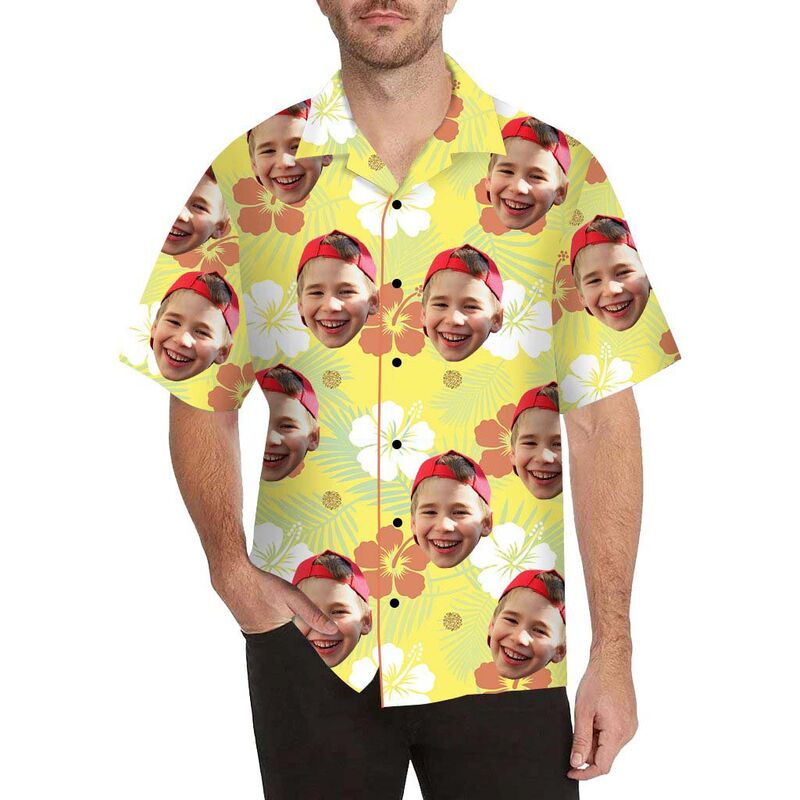 Custom Face Red and White Flowers Men's All Over Print Hawaiian Shirt