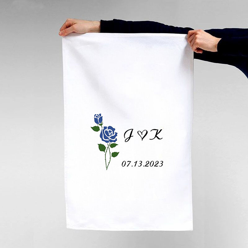 Personalized Towel with Custom Couple Letter and Date Pretty Blue Rose Design Gift for Lover
