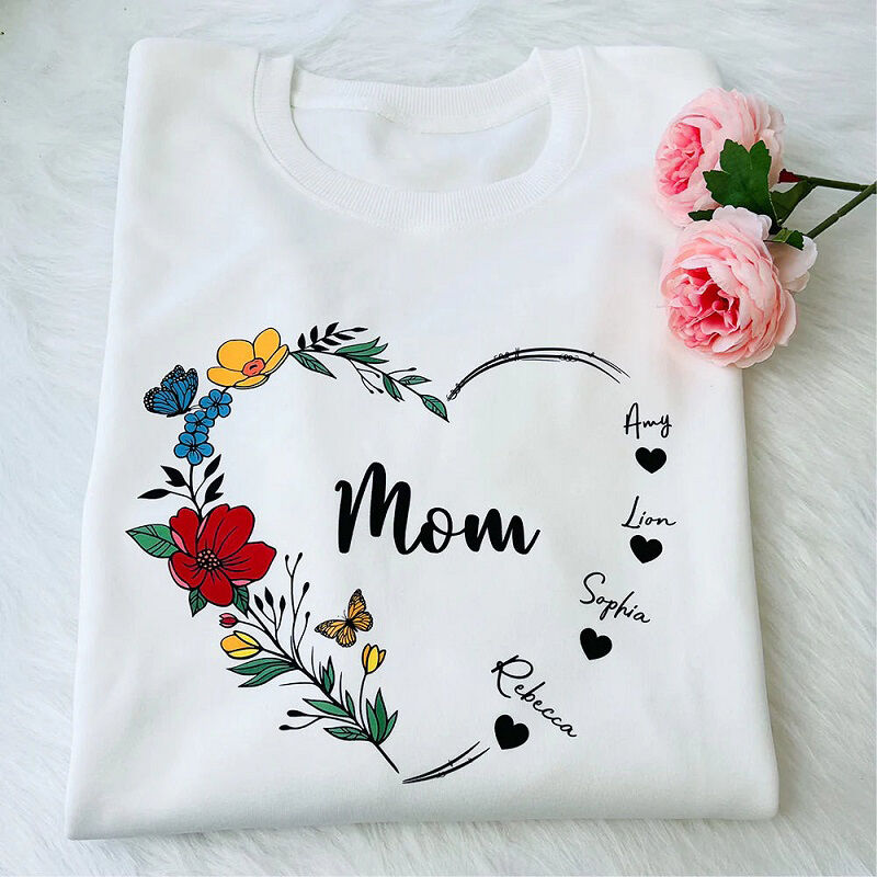 Personalized Sweatshirt Heart Shaped Flower Custom Names Design Pretty Gift for Dear Mom