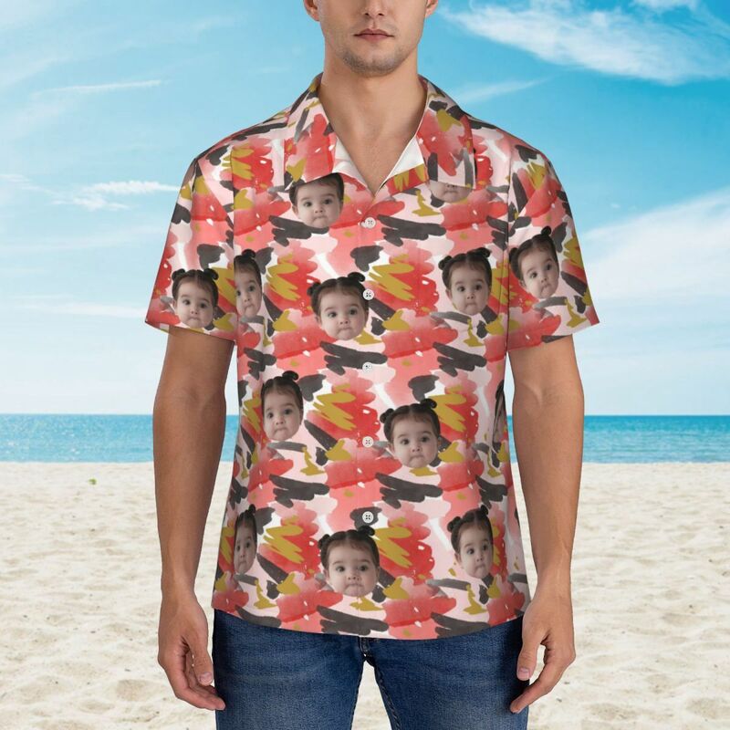 Camisa Personalizada con Estampado de Cara Tropical Hawaiana de Manga Corta con Estampado de Cara de Bebé para Él