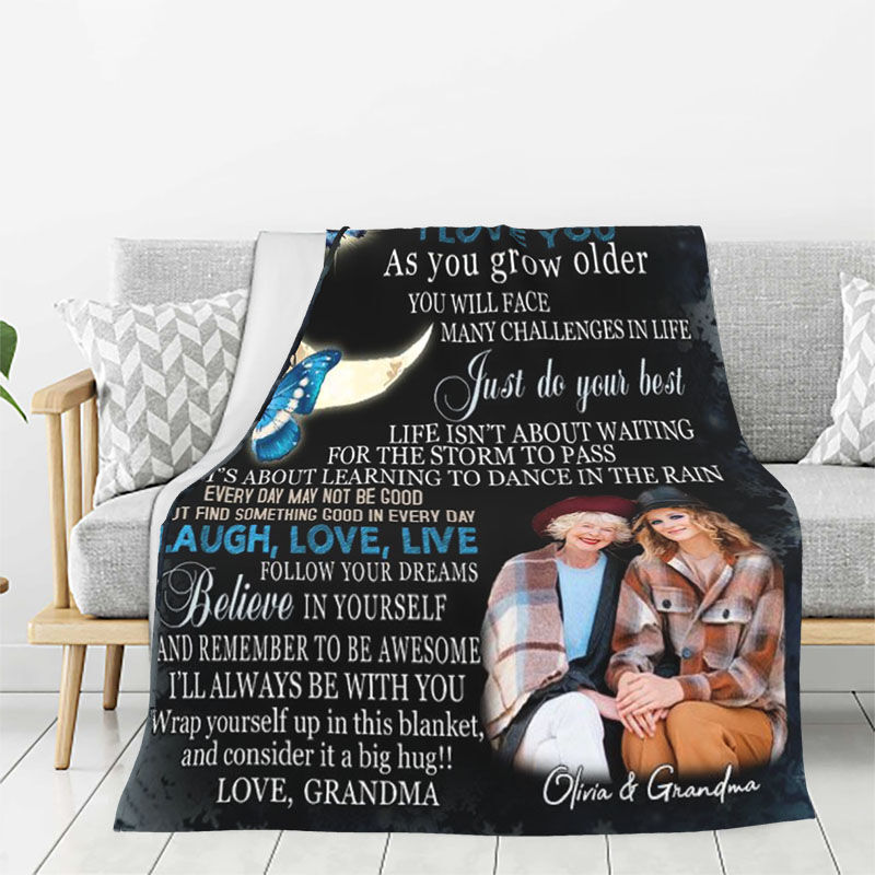 Personalized Picture Blanket with Blue Butterflies Pattern Funny Gift for Granddaughter "Never Forget"