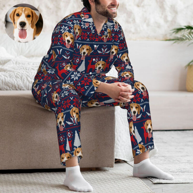 Personalisierte Pyjamas mit individuellem Foto Rentier Weihnachtselement Pixel-Muster Design Geschenk für die Familie