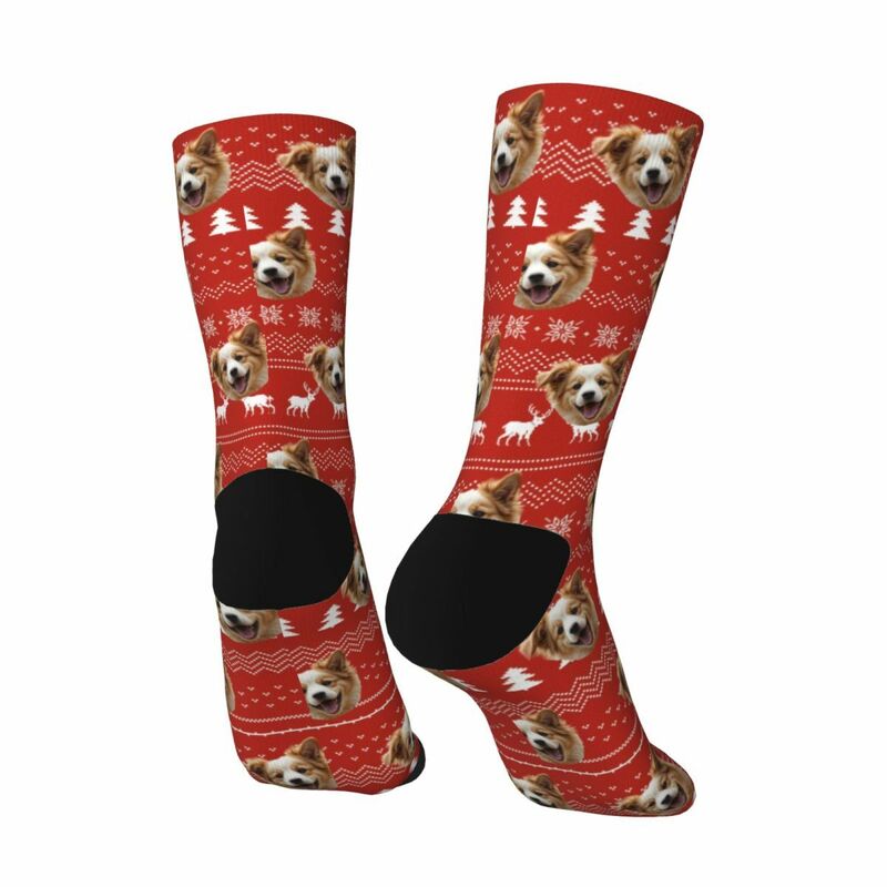 Chaussettes personnalisées pour le visage Chaussettes tricotées rouges avec motif d'élan Cadeau de Noël pour les propriétaires d'animaux de compagnie