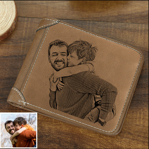 Men's Custom Photo Engraved Wallet Brown Leather Gift For Father