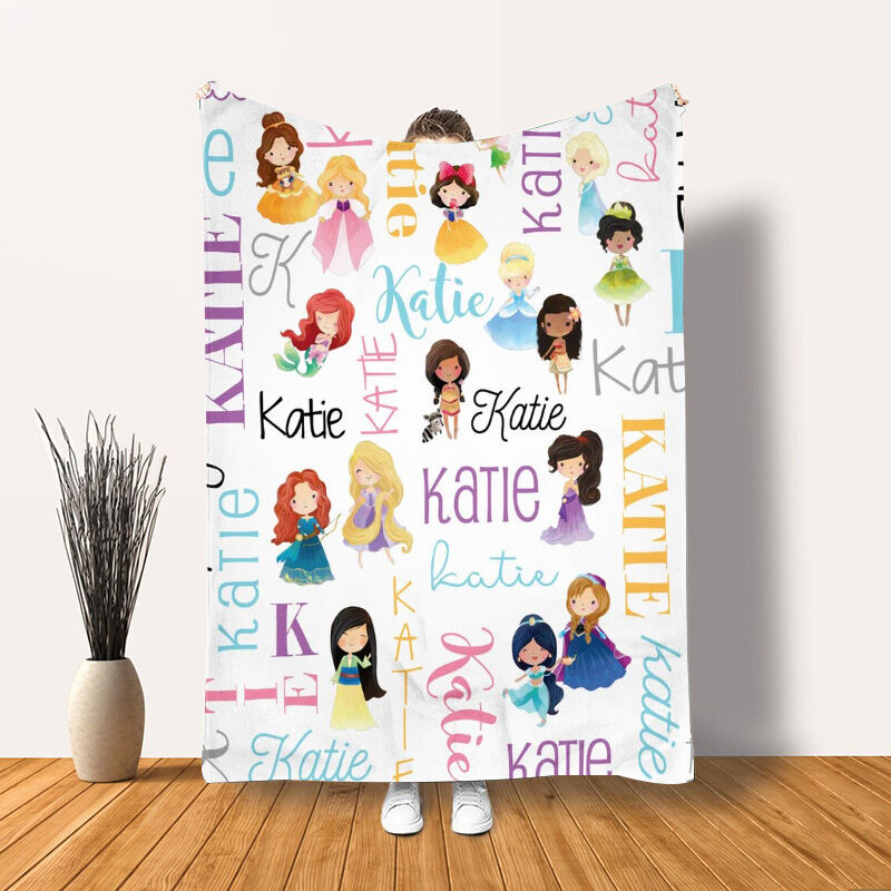Personalized Name Blanket with Cartoon Princess Pattern Gift for Little Girls