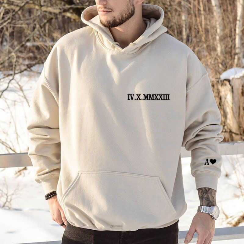 Personalized Hoodie Embroidered Lateral Roman Numeral Date and Initial Great Gift for Anniversary
