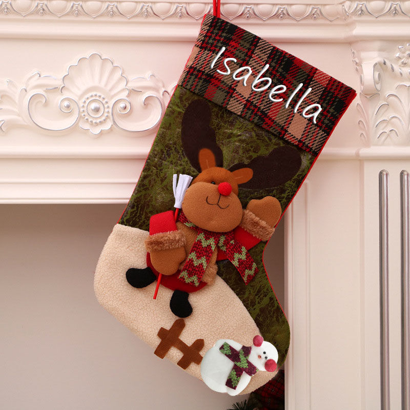 Personalized Plaid Green Elk Santa Claus Custom Name Christmas Socks