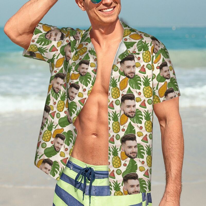 Camisa hawaiana personalizada con estampado de frutas tropicales para regalar a la familia