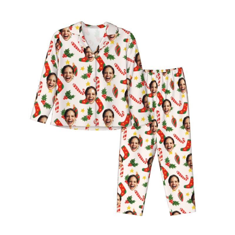 Personalized Pajamas Custom Photo Cute Stockings Festive Pattern Design Christmas Gift for Family