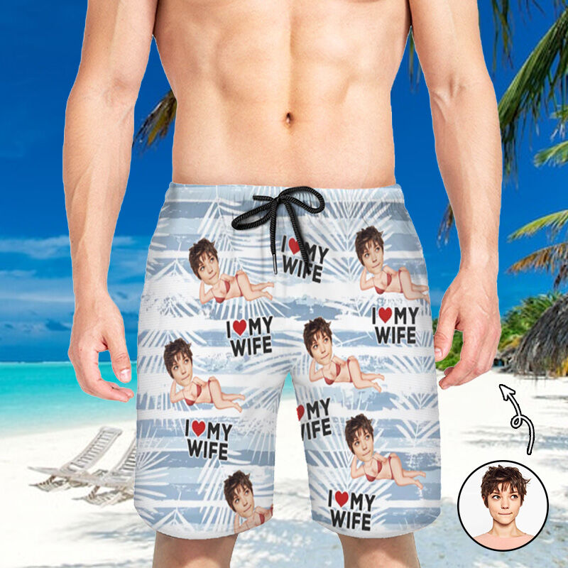 Personalized Picture Men's Beach Shorts Best Gift for Husband "I Love My Wife"