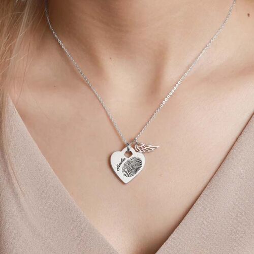 Personalised Heart Fingerprint Necklace with Wings