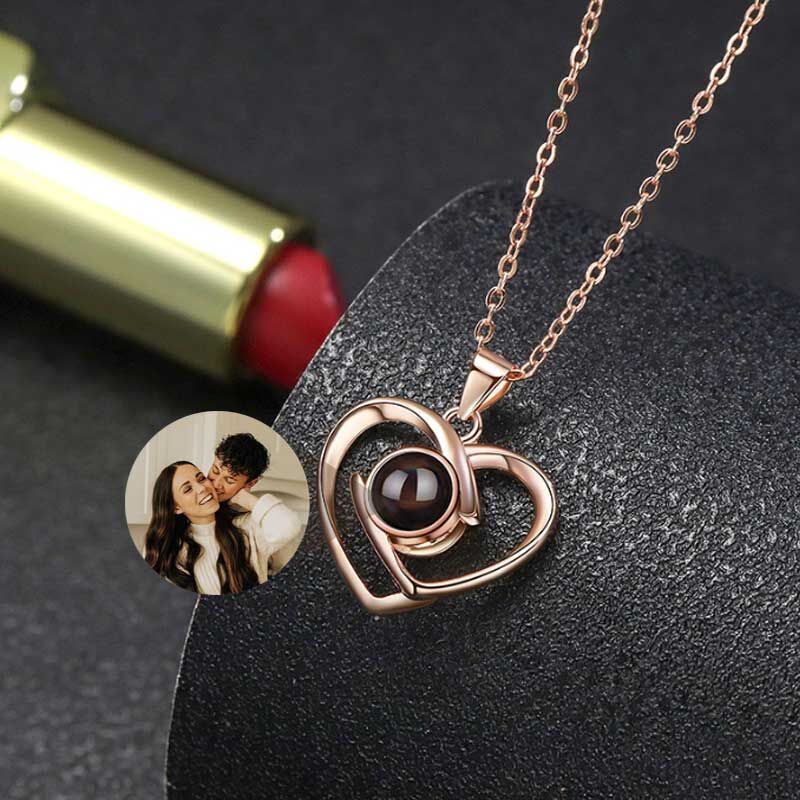 Sterling Silver Personalized Photo Projection Staggered Hearts Necklace Gift
