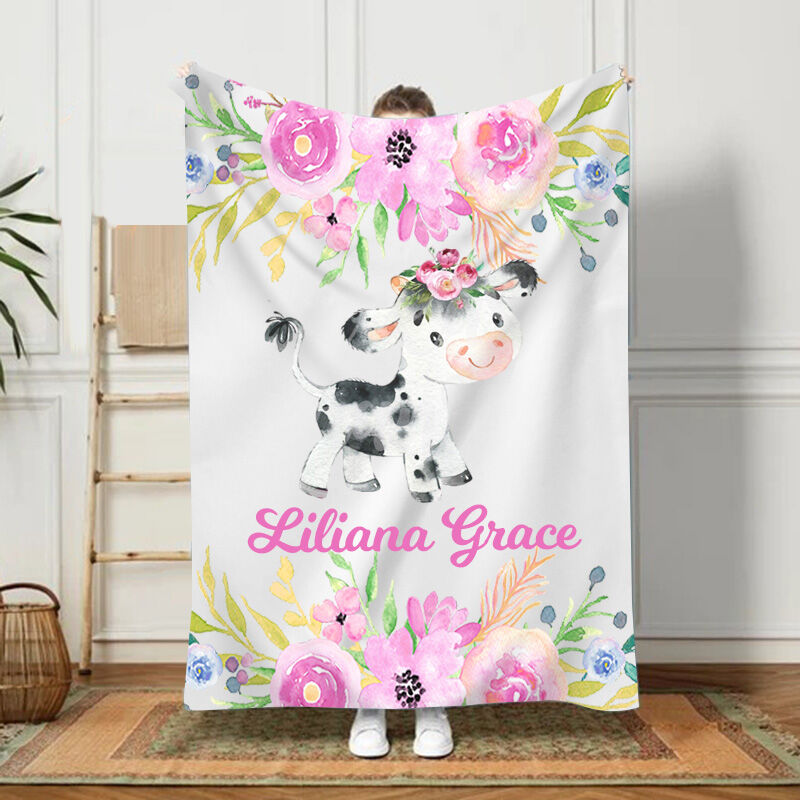 Personalized Name Blanket Pink Floral And Cow Pattern Vivid Gift