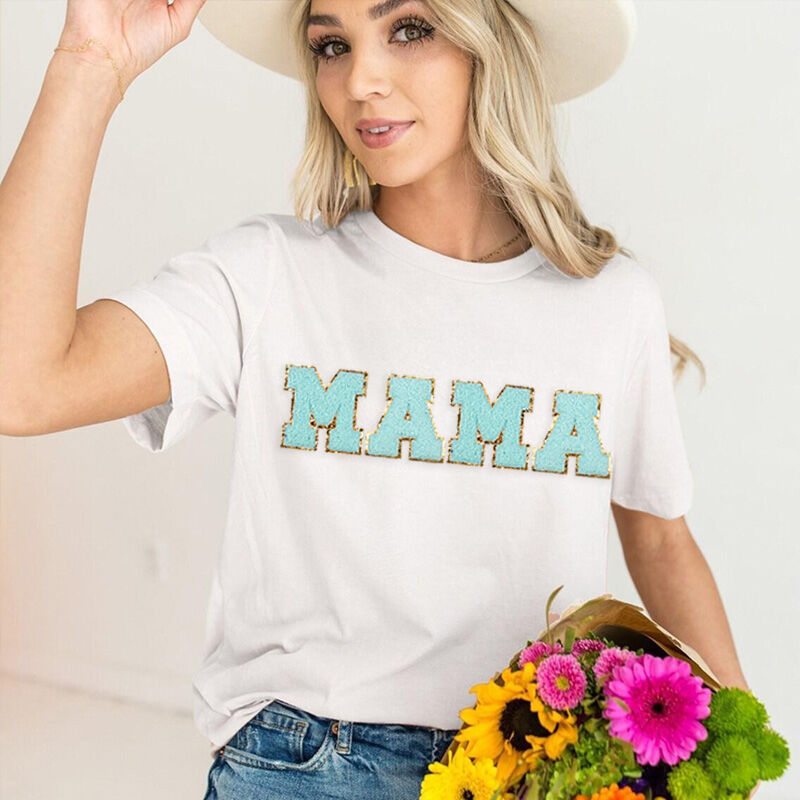 Personalisiertes T-Shirt Mama benutzerdefinierte Wort Cozy Blue Patch perfektes Geschenk für Muttertag