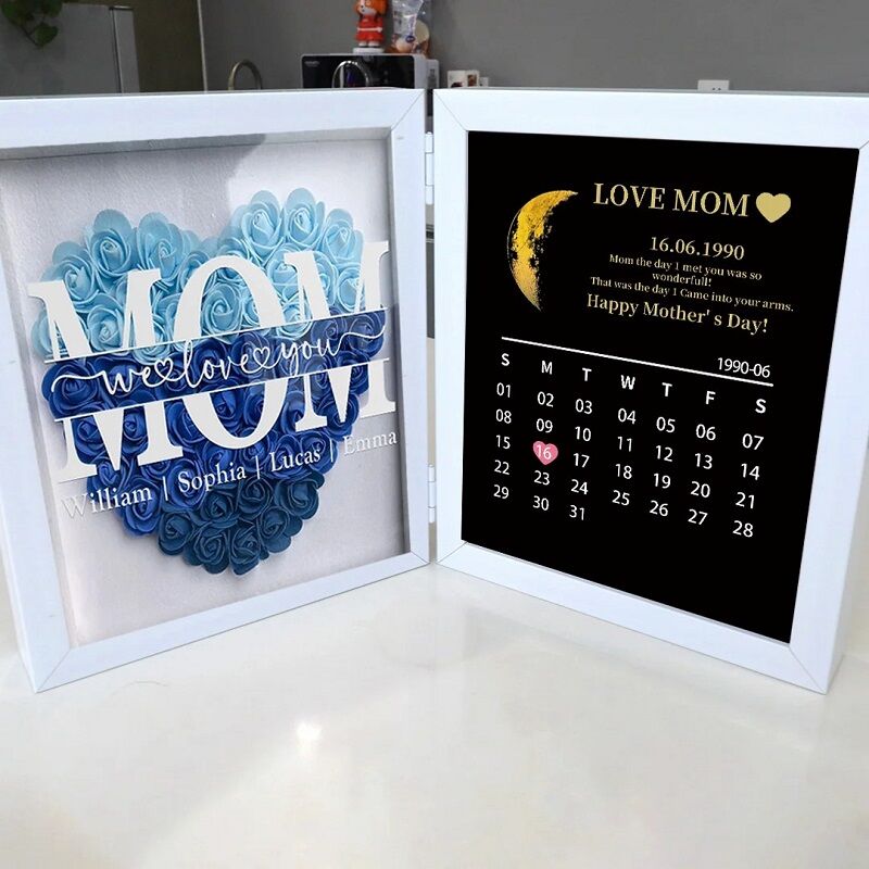 Personalized Flower Shadow Box We Love You with Moon Phase Calendar Pretty Warm Mother's Day Gift