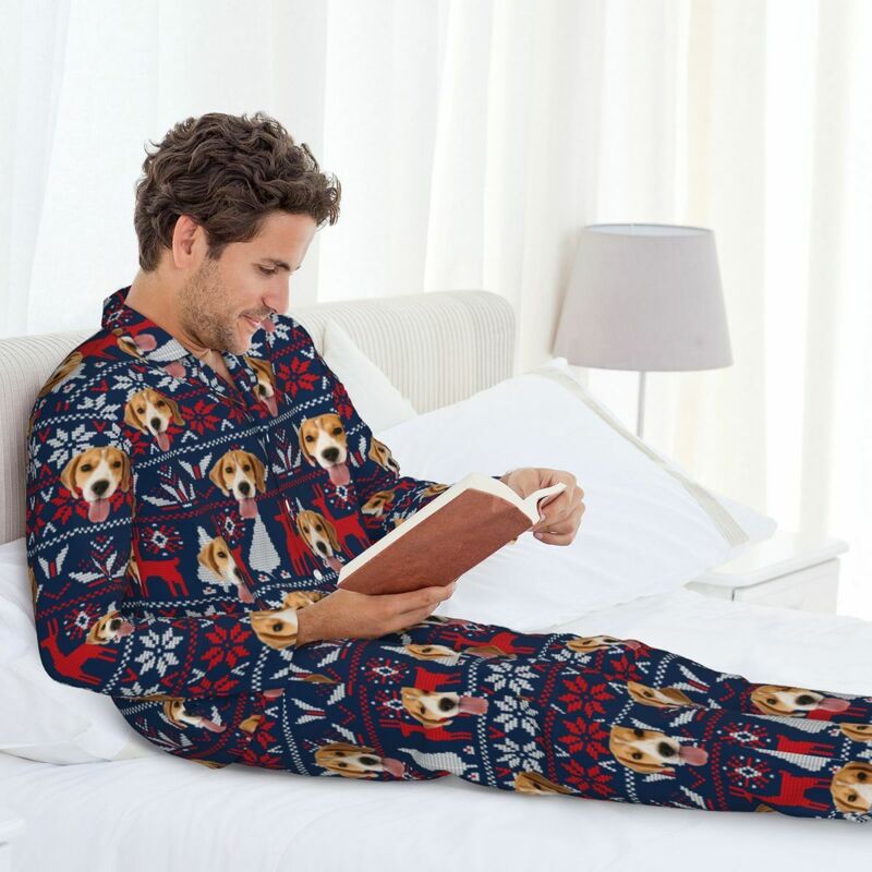 Personalized Pajamas Custom Photo Reindeer Christmas Element Pixel Pattern Design Gift for Family