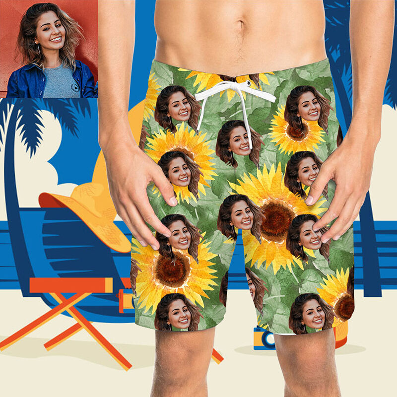 Custom Face Sun Flower Men's Beach Shorts