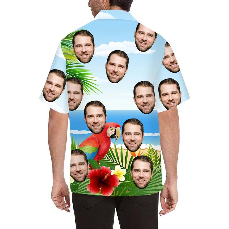 Chemise hawaïenne imprimée en quadrichromie pour hommes Visage personnalisé Perroquet dans les fleurs