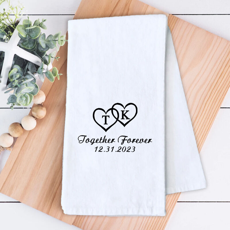 Personalized Towel with Custom Letter and Date Two Hearts Together Forever Gift for Couple