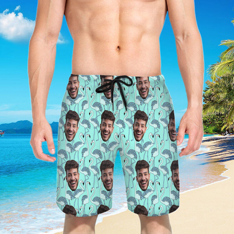 Personalized Picture Men's Beach Shorts Unique Flamingo Pattern Funny Gift for Brother