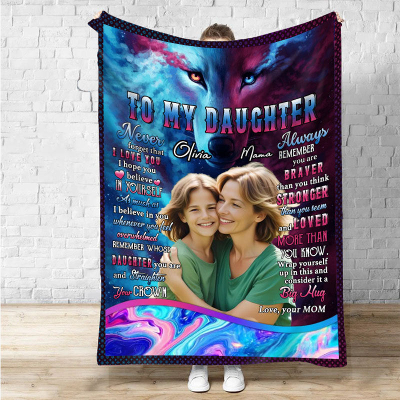 Personalized Picture Blanket with Colorful Wolf Pattern Cool Gift for Daughter