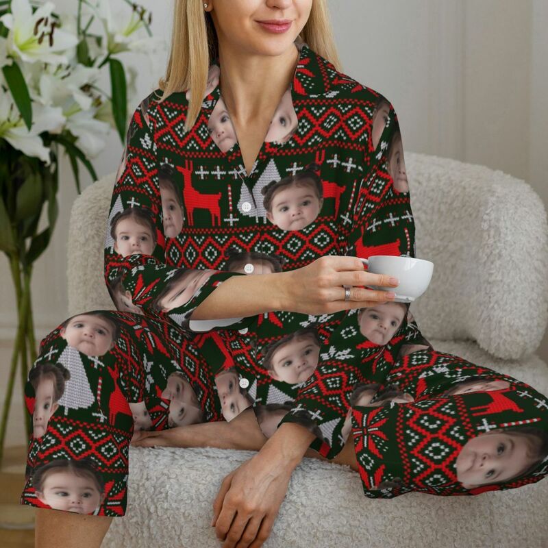 Personalized Pajamas Custom Photo Reindeer Snowflake Red and Black Style Design Gift for Family