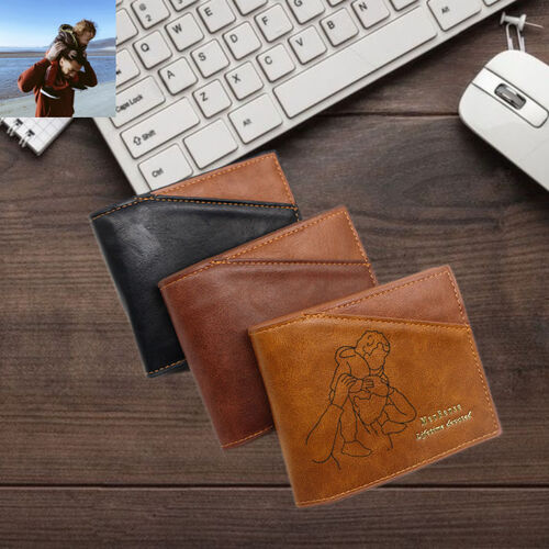 Personalized Simple Men's Leather Wallet Custom Simple Sketch Photo for Best Father