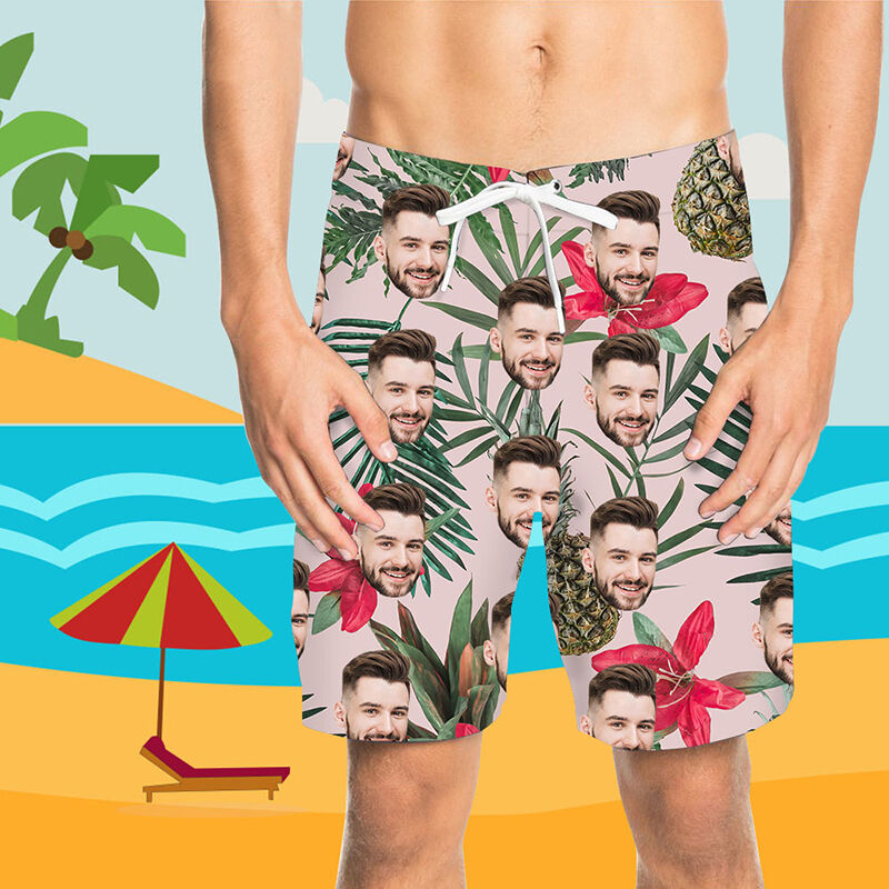 Custom Face Pineapple and Flower Men's Beach Shorts