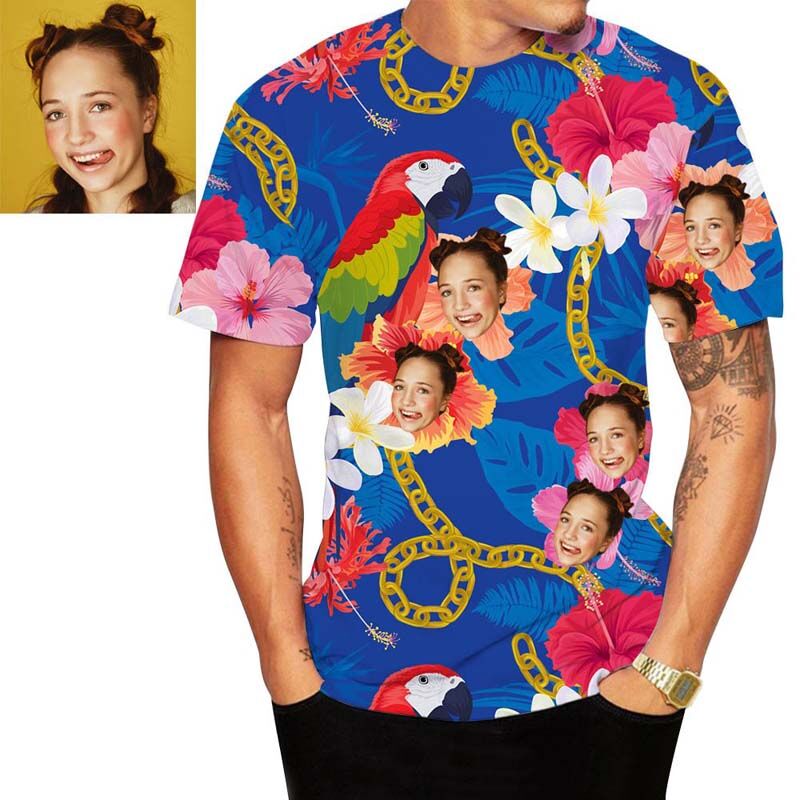 Custom Face Hawaiian T-Shirt With Flowers & Birds
