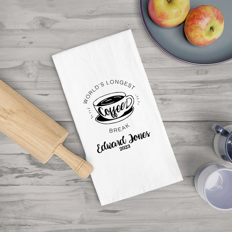 Personalized Towel with Custom Name World's Longest Break of Drinking Coffee Gift for Friend