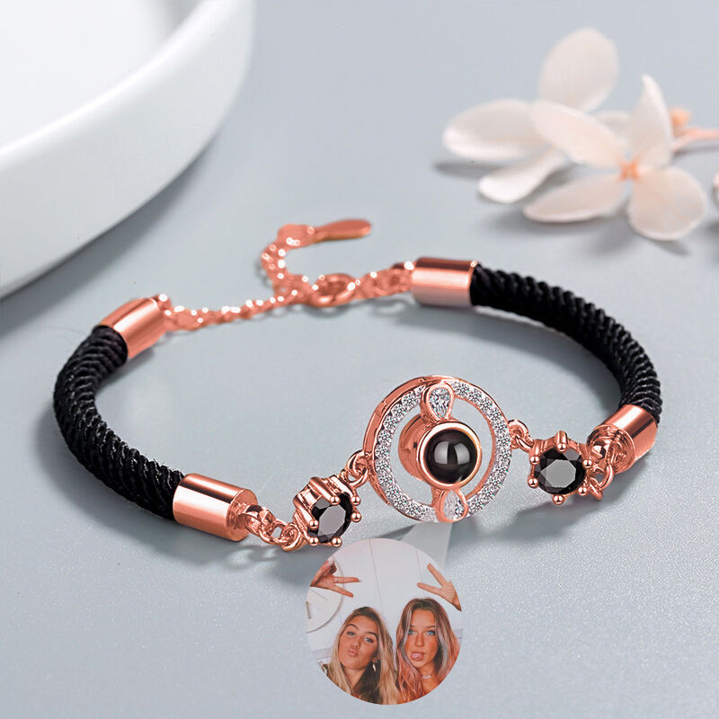 Personalized Round Photo Projection Braided Bracelet with Diamonds