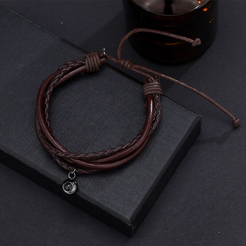 Personalized Projected Picture Heart Bracelet With Brown Leather Cord Warm Gift For Boyfrien