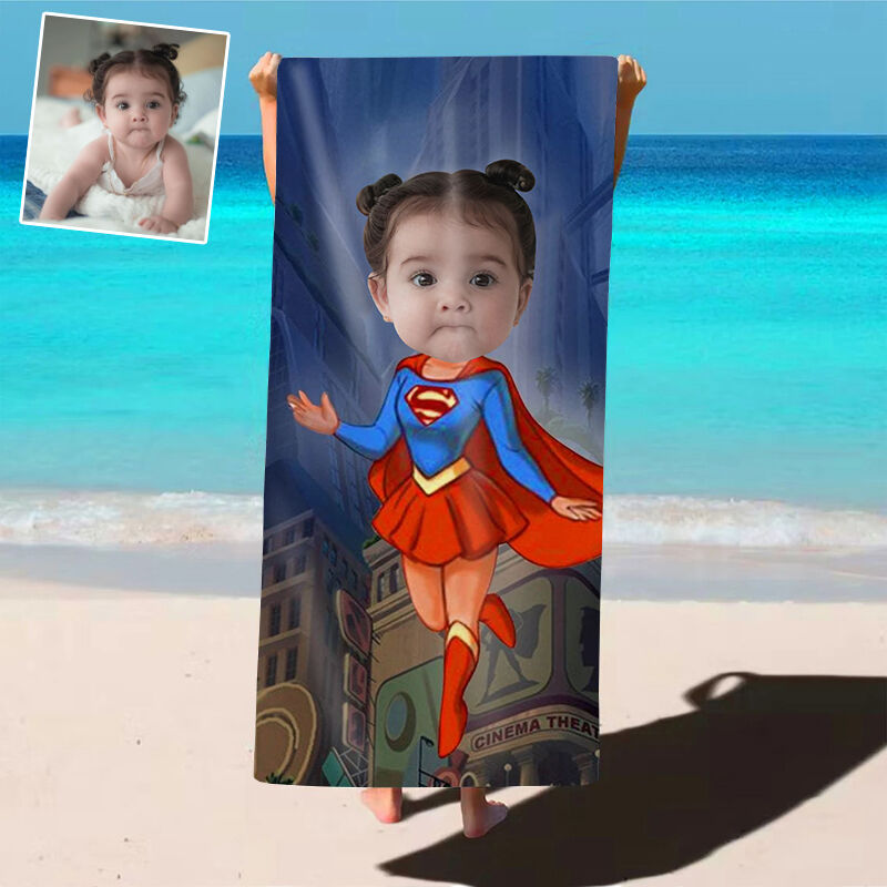 Personalized Photo Bath Towel with Cute Cartoon Character Girl Cool Present for Child