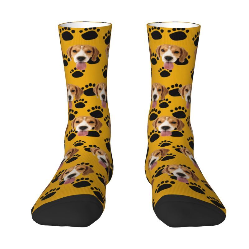 Customizable Face Socks with Pet Photo and Black Dog Paw Prints