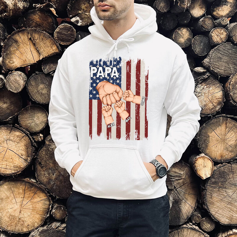 Personalized Hoodie Fist Bump Stars and Stripes Pattern Design with Custom Names Cool Gift for Father's Day
