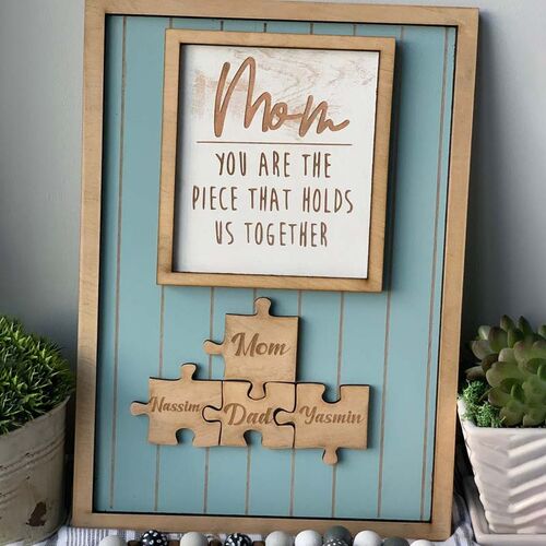 "Mom you hold us together" Personalized Puzzle Sign Blue