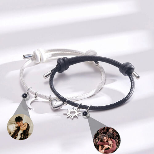 Personalized Photo Projection Couple Bracelet Black and White Rope Moon and Sun Charm