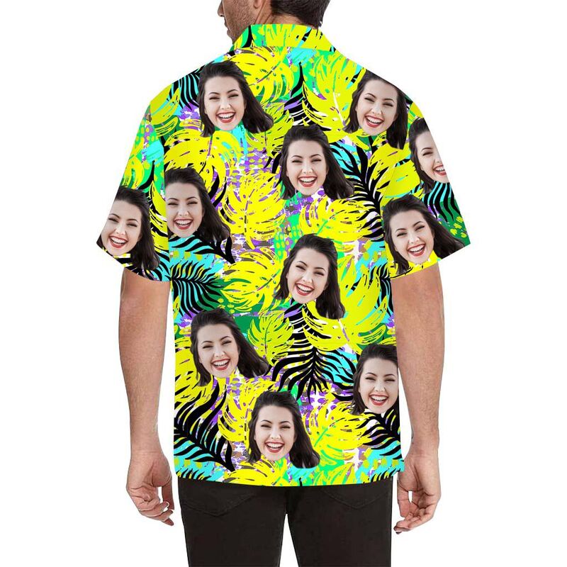Chemise hawaïenne à impression intégrale pour hommes Feuilles de visage personnalisées