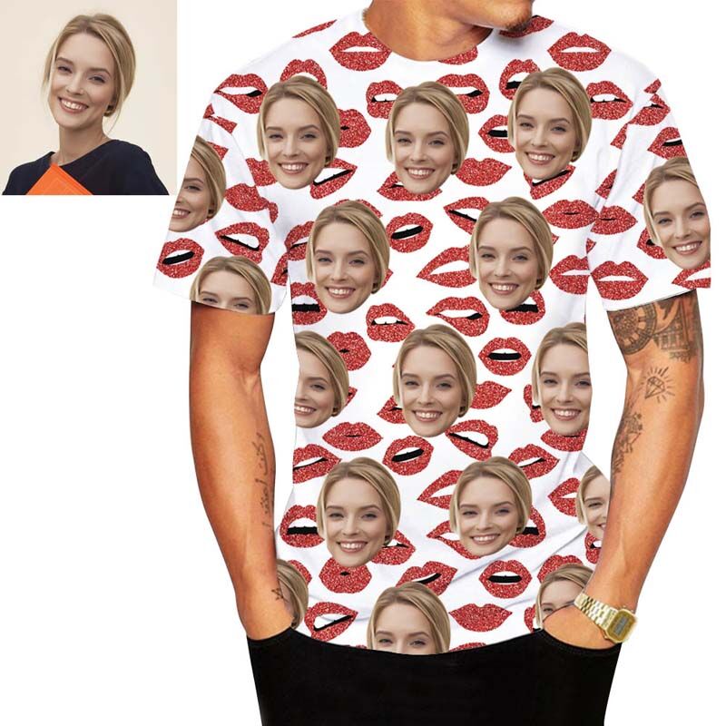 Personalized Face Hawaiian T-Shirt Printed With Sexy Red Lips