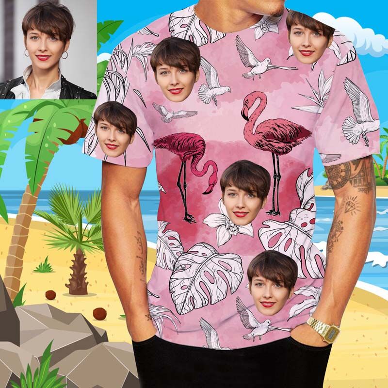 Personalized Face Hawaiian T-Shirt Printed With Leaves & Flamingo