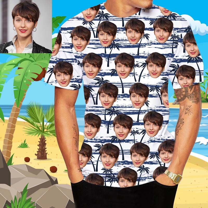 T-Shirt Hawaïen Personnalisé Imprimé avec Palmier Bleu