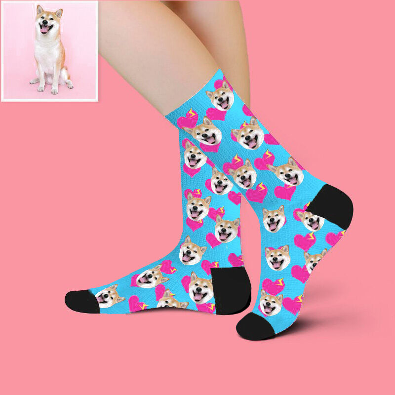 Personalized Pet Face Picture Socks Printed with Hot Pink Hearts