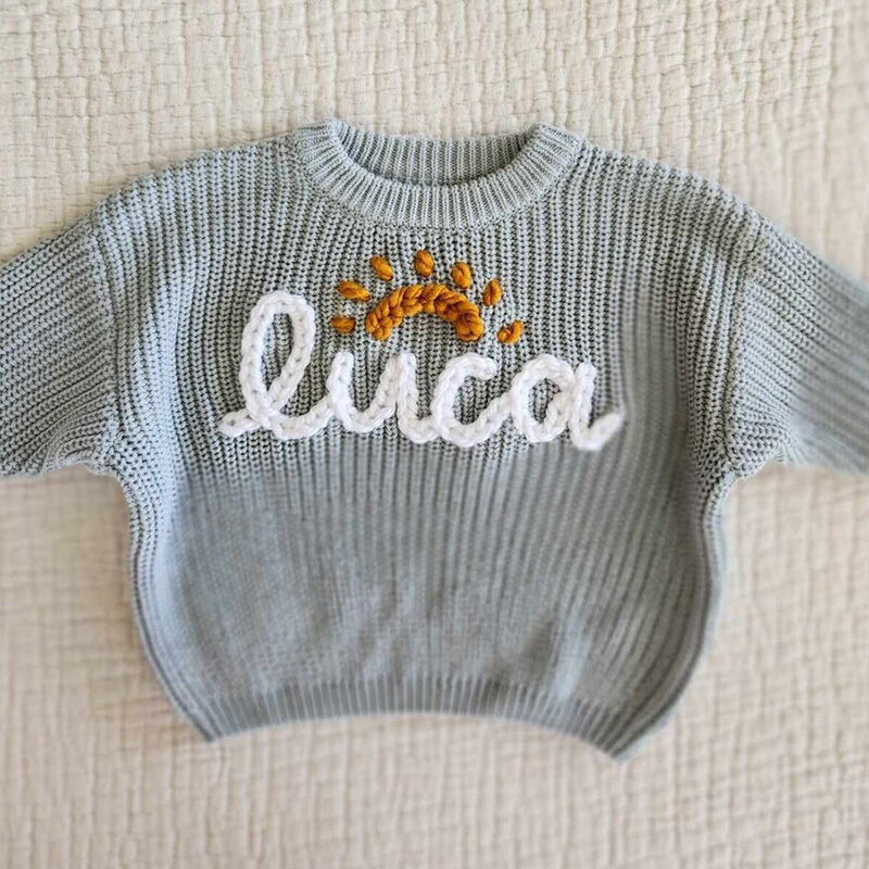 Personalized Handmade Name Sweater with Sun Shaped Decoration And White Text Stunning Gift for Baby