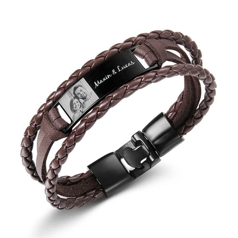 Personalized Men's Stainless Steel And Leather Bracelet With Custom Name And Photo Cool Christmas Gift